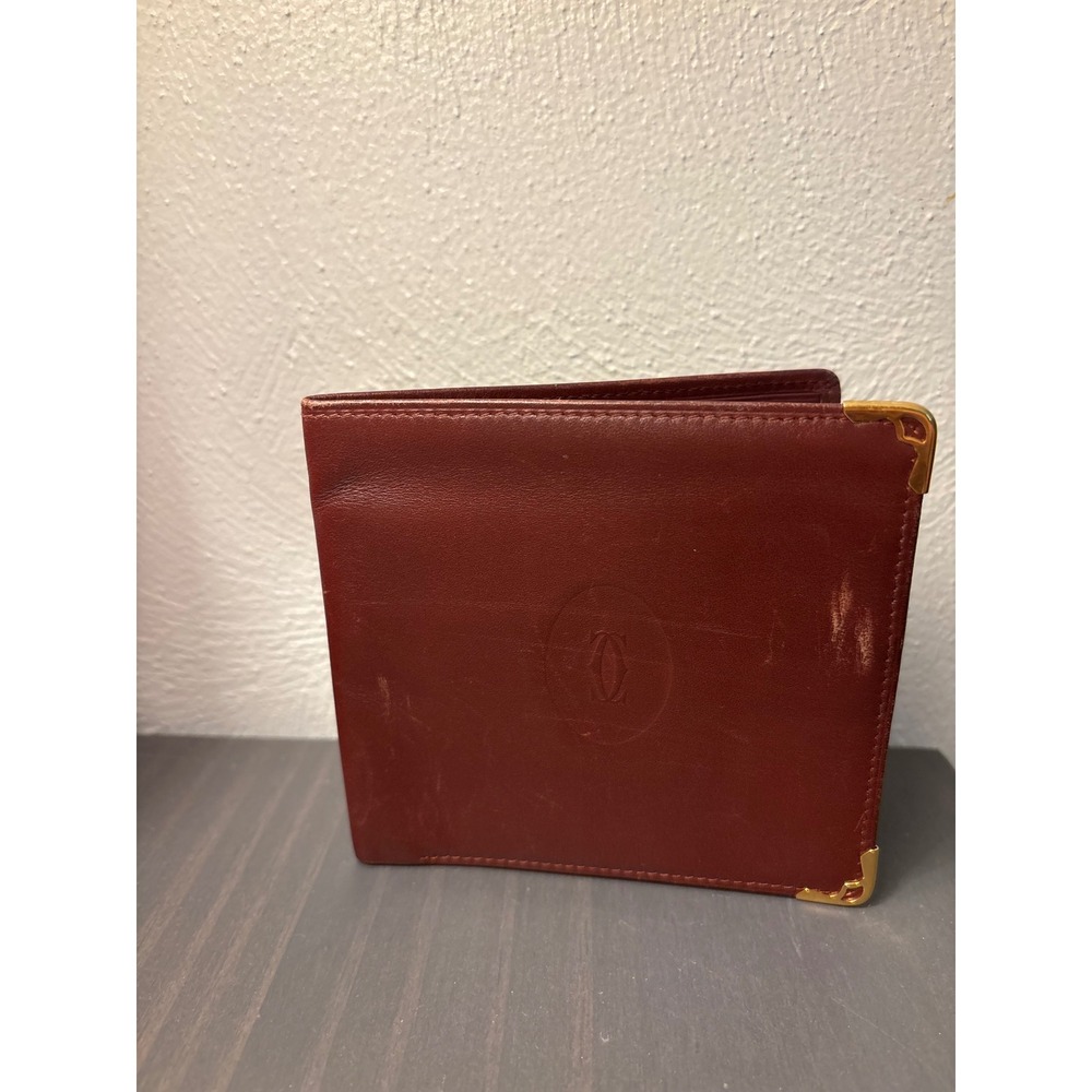 Cartier Must de Cartier Bifold Wallet Burgundy Leather Gold Corners Vintage
